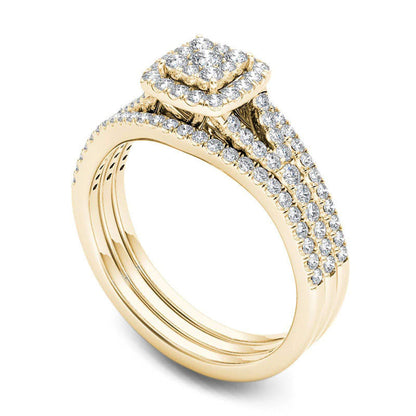 0.75 CT. T.W. Composite Natural Diamond Cushion Frame Three Piece Bridal Engagement Ring Set in Solid 14K Gold