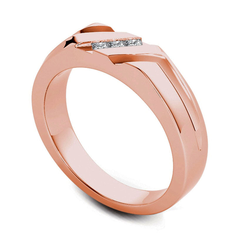 Men's 0.13 CT. T.W. Square-Cut Natural Diamond Three Stone Slant Wedding Band in Solid 14K Rose Gold