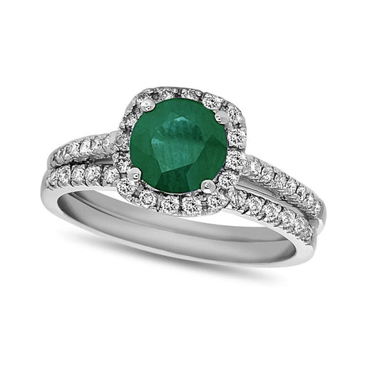 6.0mm Emerald and 0.38 CT. T.W. Natural Diamond Frame Bridal Engagement Ring Set in Solid 14K White Gold