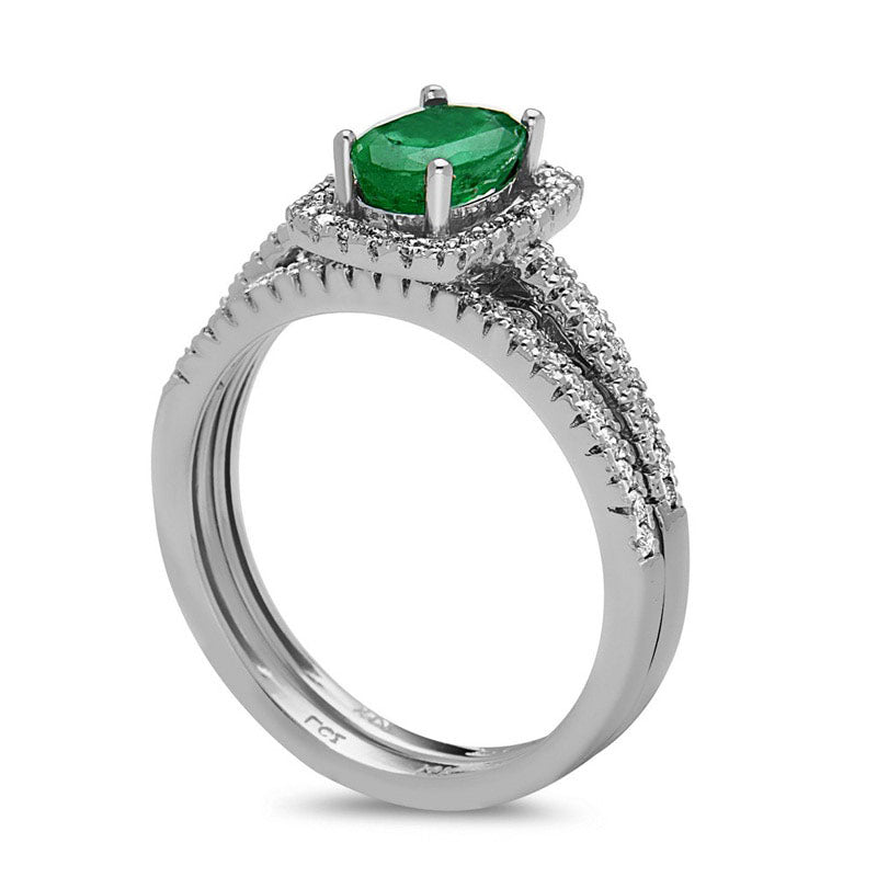 Oval Emerald and 0.33 CT. T.W. Natural Diamond Frame Bridal Engagement Ring Set in Solid 14K White Gold