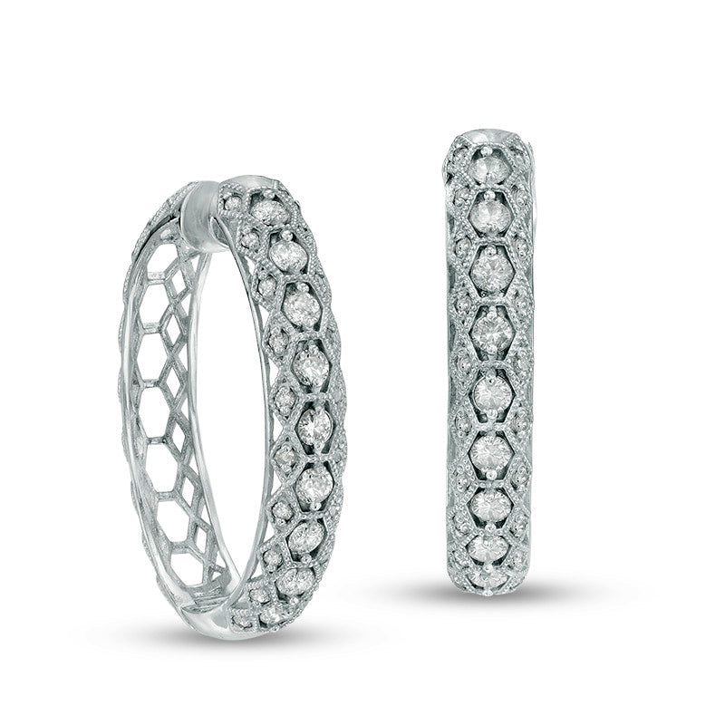 0.88 CT. T.W. Diamond Geometric Milgrain Hoop Earrings in 10K White Gold