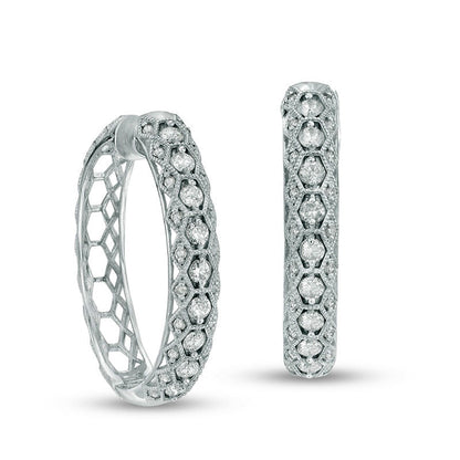 0.88 CT. T.W. Diamond Geometric Milgrain Hoop Earrings in 10K White Gold