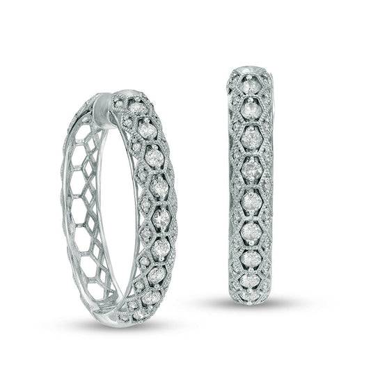 0.88 CT. T.W. Diamond Geometric Milgrain Hoop Earrings in 10K White Gold