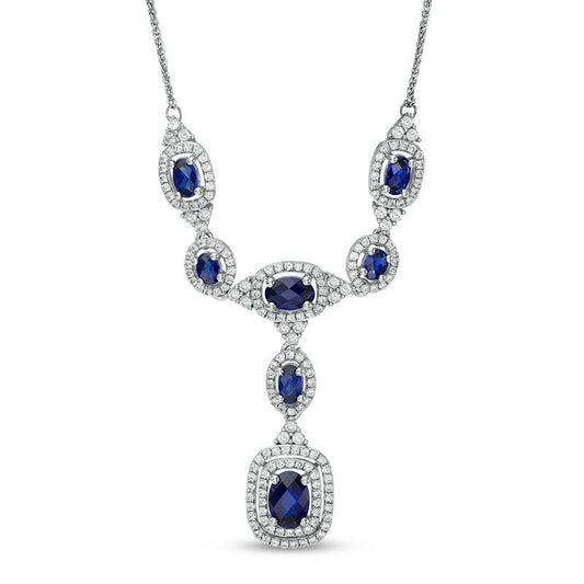 Oval Lab-Created Blue and White Sapphire Frame Necklace in Sterling Silver - 17