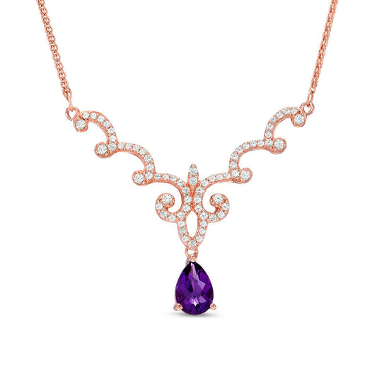 Pear-Shaped Amethyst and Lab-Created White Sapphire Scallop Necklace in Sterling Silver and 14K Rose Gold Plate - 17
