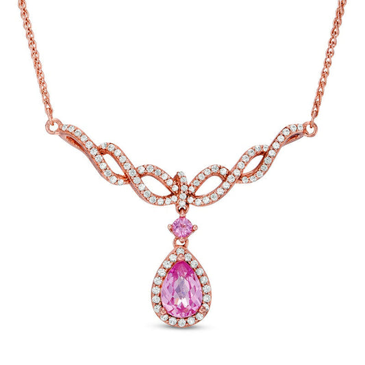Pear-Shaped Lab-Created Pink and White Sapphire Braid Necklace in Sterling Silver and 14K Rose Gold Plate - 17