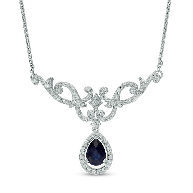 Pear-Shaped Lab-Created Blue and White Sapphire Scroll Necklace in Sterling Silver - 17