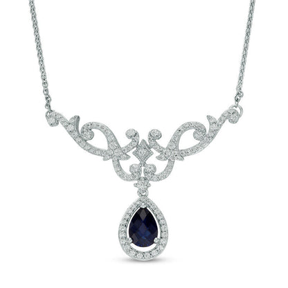 Pear-Shaped Lab-Created Blue and White Sapphire Scroll Necklace in Sterling Silver - 17