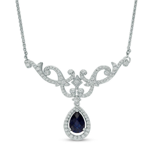 Pear-Shaped Lab-Created Blue and White Sapphire Scroll Necklace in Sterling Silver - 17