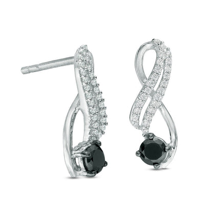 0.5 CT. T.W. Enhanced Black and White Diamond Ribbon Two Row Drop Earrings in 10K White Gold