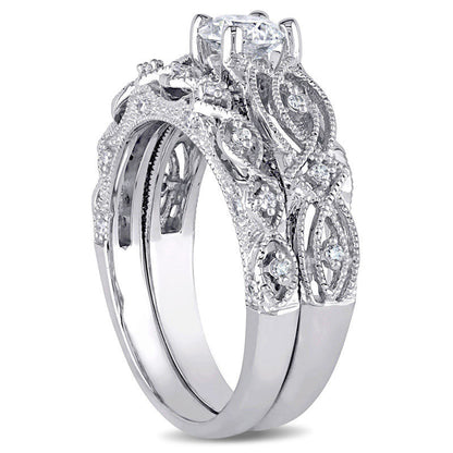 0.75 CT. T.W. Natural Diamond Antique Vintage-Style Bridal Engagement Ring Set in Solid 10K White Gold