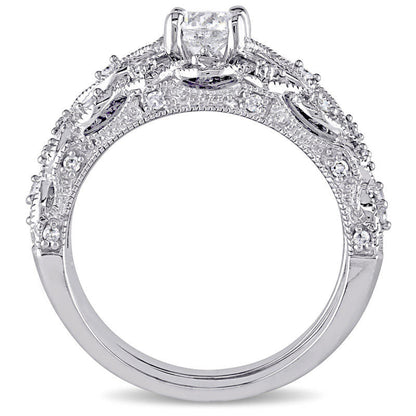 0.75 CT. T.W. Natural Diamond Antique Vintage-Style Bridal Engagement Ring Set in Solid 10K White Gold