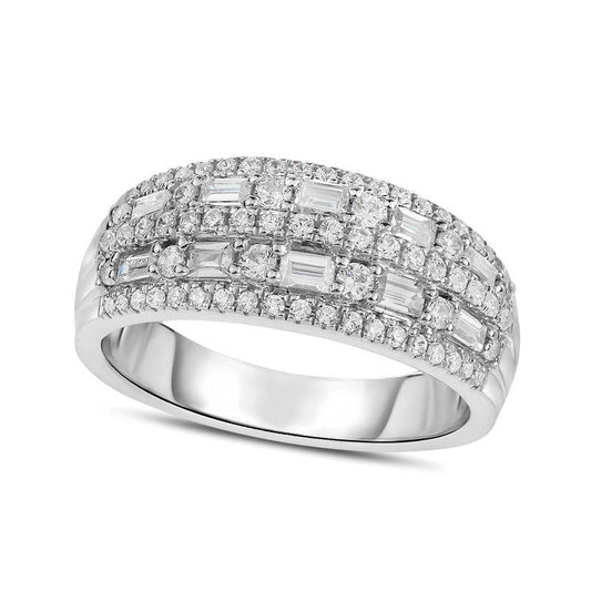 1.0 CT. T.W. Baguette and Round Natural Diamond Alternating Multi-Row Band in Solid 14K White Gold