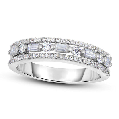 0.50 CT. T.W. Baguette and Round Natural Diamond Alternating Multi-Row Band in Solid 14K White Gold
