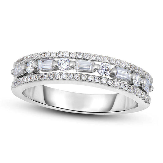 0.50 CT. T.W. Baguette and Round Natural Diamond Alternating Multi-Row Band in Solid 14K White Gold