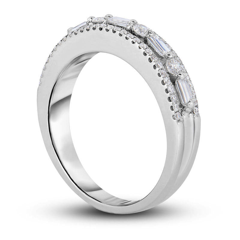 0.50 CT. T.W. Baguette and Round Natural Diamond Alternating Multi-Row Band in Solid 14K White Gold