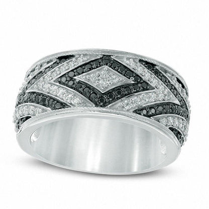 0.63 CT. T.W. Enhanced Black and White Natural Diamond Geometric Alternating Band in Solid 10K White Gold