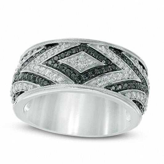 0.63 CT. T.W. Enhanced Black and White Natural Diamond Geometric Alternating Band in Solid 10K White Gold
