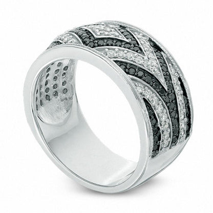 0.63 CT. T.W. Enhanced Black and White Natural Diamond Geometric Alternating Band in Solid 10K White Gold