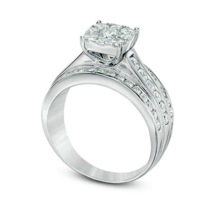 1.5 CT. T.W. Composite Natural Diamond Cushion Multi-Row Engagement Ring in Solid 10K White Gold