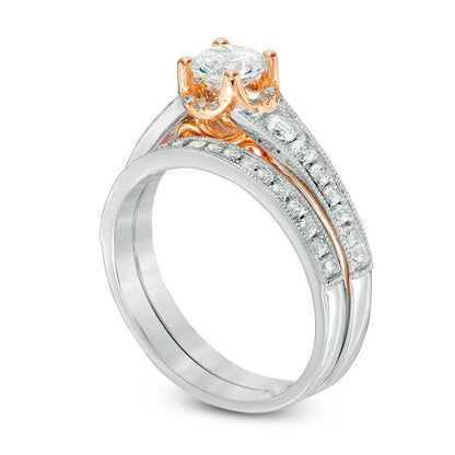 1.0 CT. T.W. Natural Diamond Frame Antique Vintage-Style Bridal Engagement Ring Set in Solid 10K Two-Tone Gold