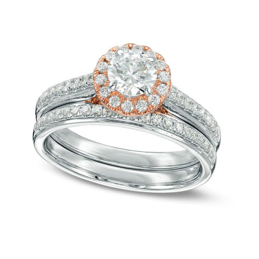 1.0 CT. T.W. Natural Diamond Frame Bridal Engagement Ring Set in Solid 14K Two-Tone Gold