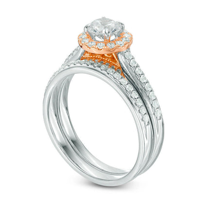 1.0 CT. T.W. Natural Diamond Frame Bridal Engagement Ring Set in Solid 14K Two-Tone Gold