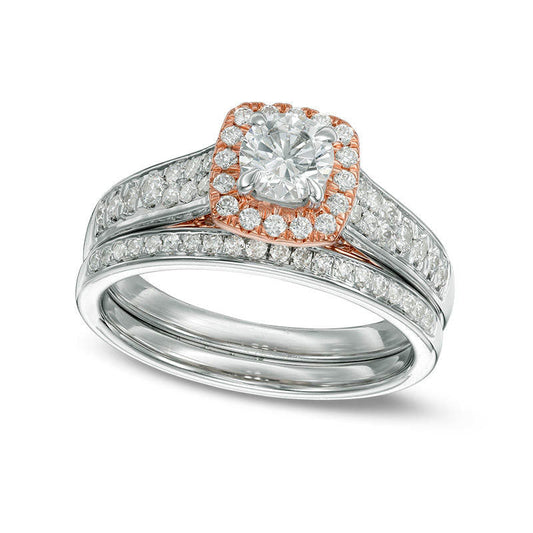 1.0 CT. T.W. Natural Diamond Cushion Frame Two Row Bridal Engagement Ring Set in Solid 14K Two-Tone Gold