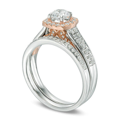 1.0 CT. T.W. Natural Diamond Cushion Frame Two Row Bridal Engagement Ring Set in Solid 14K Two-Tone Gold