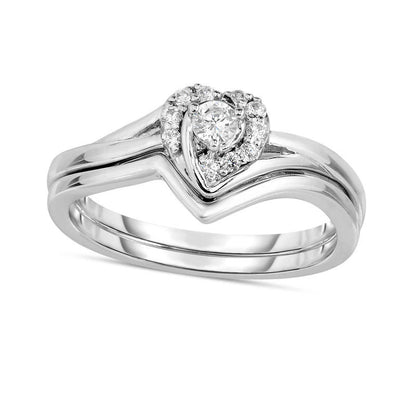0.20 CT. T.W. Natural Diamond Heart Frame Bridal Engagement Ring Set in Solid 14K White Gold