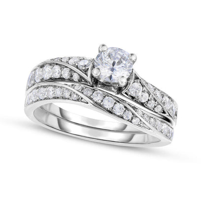 1.0 CT. T.W. Natural Diamond Waves Bridal Engagement Ring Set in Solid 14K White Gold