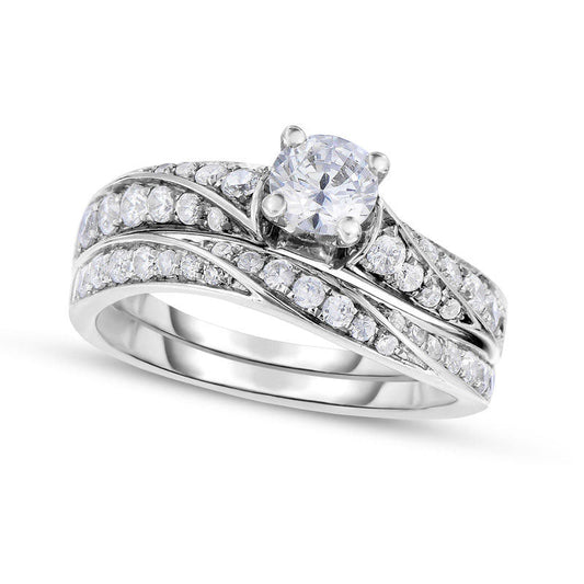 1.0 CT. T.W. Natural Diamond Waves Bridal Engagement Ring Set in Solid 14K White Gold