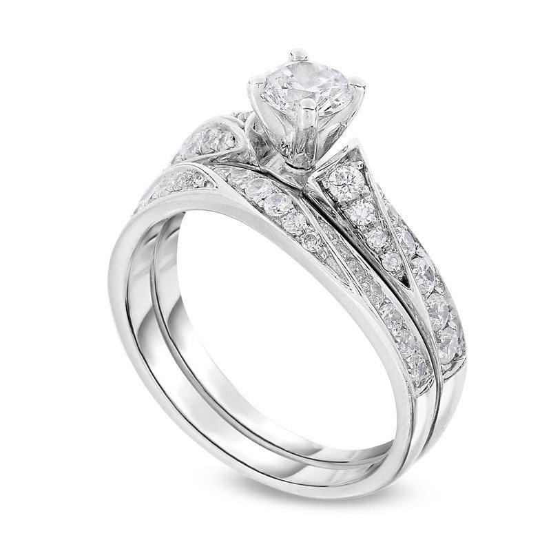 1.0 CT. T.W. Natural Diamond Waves Bridal Engagement Ring Set in Solid 14K White Gold