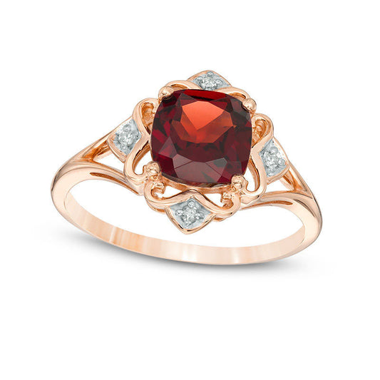 7.0mm Cushion-Cut Garnet and Natural Diamond Accent Scroll Frame Ring in Solid 10K Rose Gold