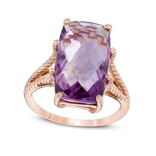 Elongated Cushion-Cut Amethyst Split Shank Rope Ring in Solid 10K Rose Gold