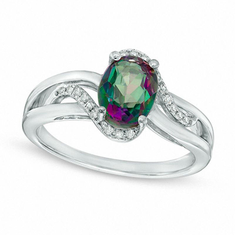 Oval Mystic Fire« Topaz and Natural Diamond Accent Bypass Ring in Solid 10K White Gold