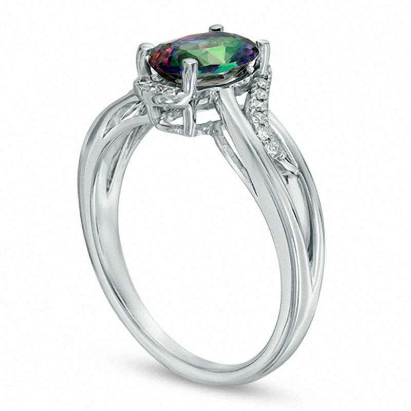 Oval Mystic Fire« Topaz and Natural Diamond Accent Bypass Ring in Solid 10K White Gold