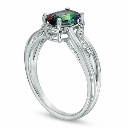 Oval Mystic Fire« Topaz and Natural Diamond Accent Bypass Ring in Solid 10K White Gold