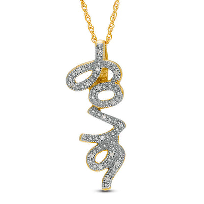 Natural Diamond Accent Cursive love" Pendant in Sterling Silver with Yellow Rhodium"