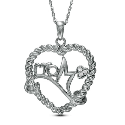 Natural Diamond Accent Mom" Heart Necklace in Sterling Silver"