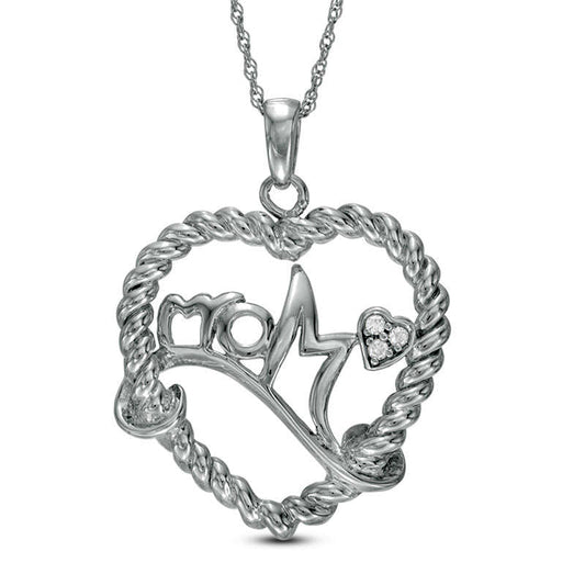 Natural Diamond Accent Mom" Heart Necklace in Sterling Silver"