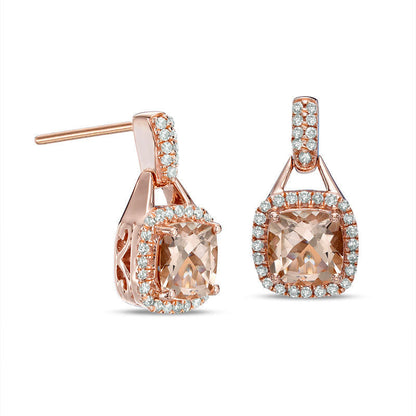 6.0mm Cushion-Cut Morganite and 0.25 CT. T.W. Diamond Frame Drop Earrings in 10K Rose Gold