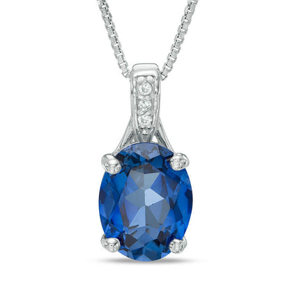 Oval Lab-Created Blue Sapphire and Diamond Accent Pendant in Sterling Silver