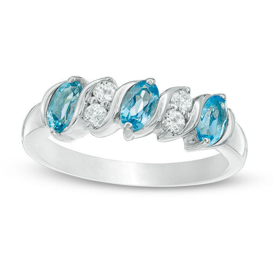 Oval Blue Topaz and White Topaz Five Stone Ring in Sterling Silver