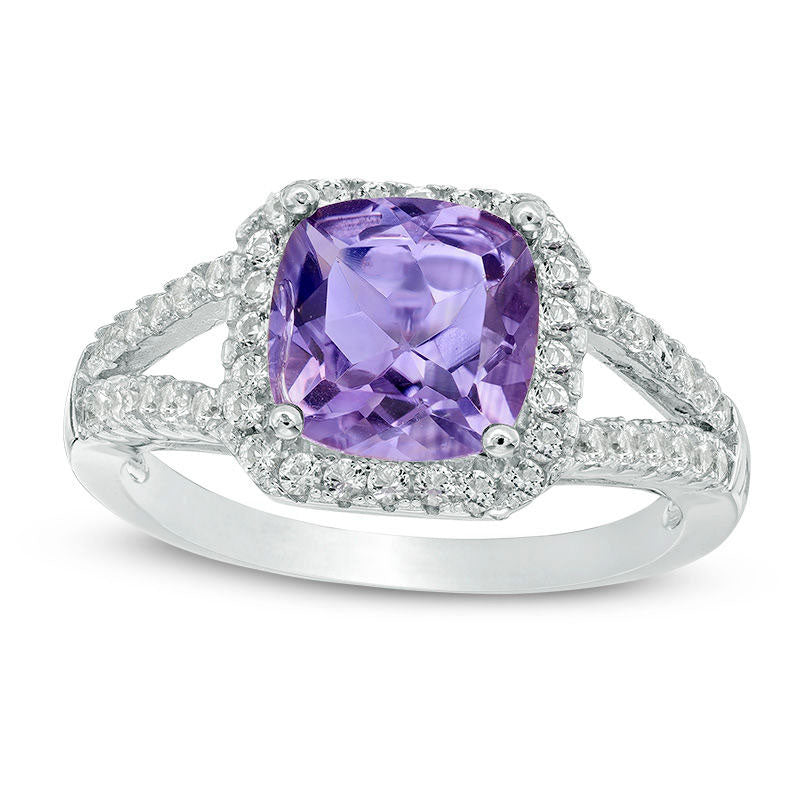 8.0mm Cushion-Cut Amethyst and White Topaz Frame Split Shank Ring in Sterling Silver