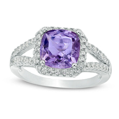 8.0mm Cushion-Cut Amethyst and White Topaz Frame Split Shank Ring in Sterling Silver