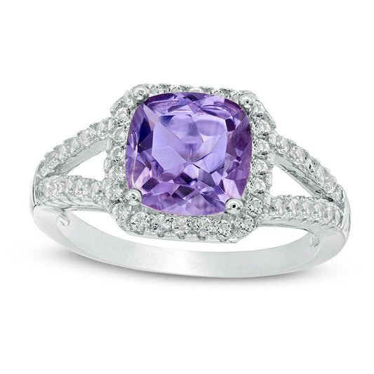 8.0mm Cushion-Cut Amethyst and White Topaz Frame Split Shank Ring in Sterling Silver