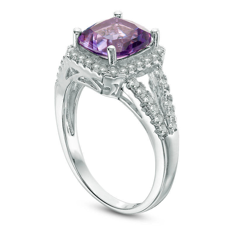 8.0mm Cushion-Cut Amethyst and White Topaz Frame Split Shank Ring in Sterling Silver