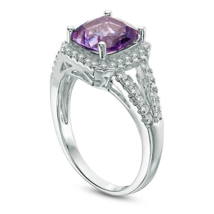 8.0mm Cushion-Cut Amethyst and White Topaz Frame Split Shank Ring in Sterling Silver