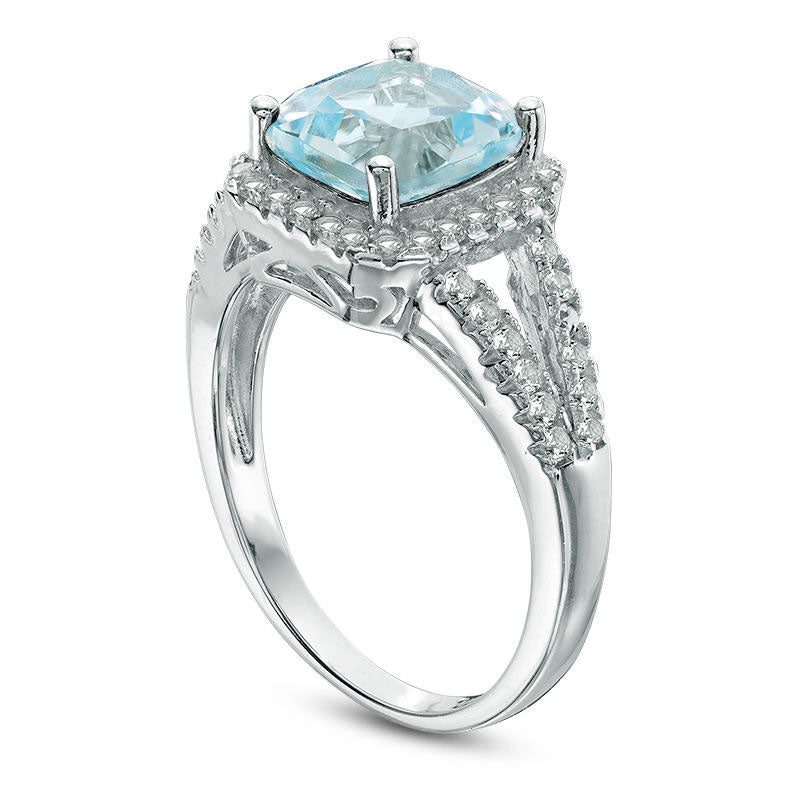 8.0mm Cushion-Cut Blue and White Topaz Frame Split Shank Ring in Sterling Silver